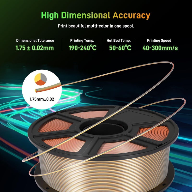 FLASHFORGE Silk Tri-Color PLA Filament 1.75mm, Coextrusion Gold Sliver Copper Triple Color Rainbow 3D Printer Filament, Enchanting Silk Finish with 360° Multicolor Shifting Color Effect - Image 5